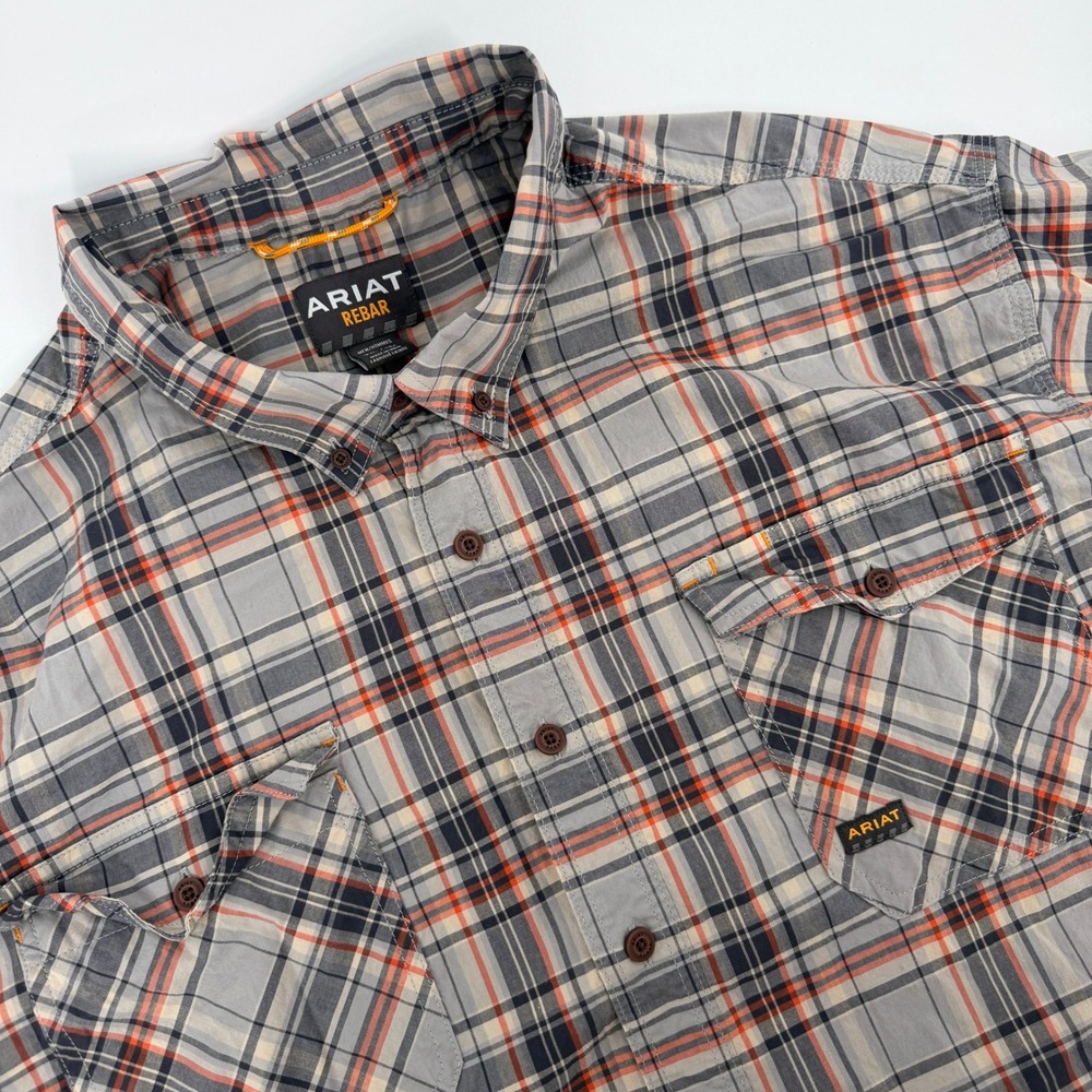 Ariat Rebar Mens 3XL Grey Orange Plaid Short Sleeve Work Shirt 10048894